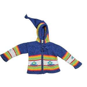 Handknit Ecuador Wool Cotton Sweater Hoodie Kids 4–6 Hippie Boho‎ Elf Hood